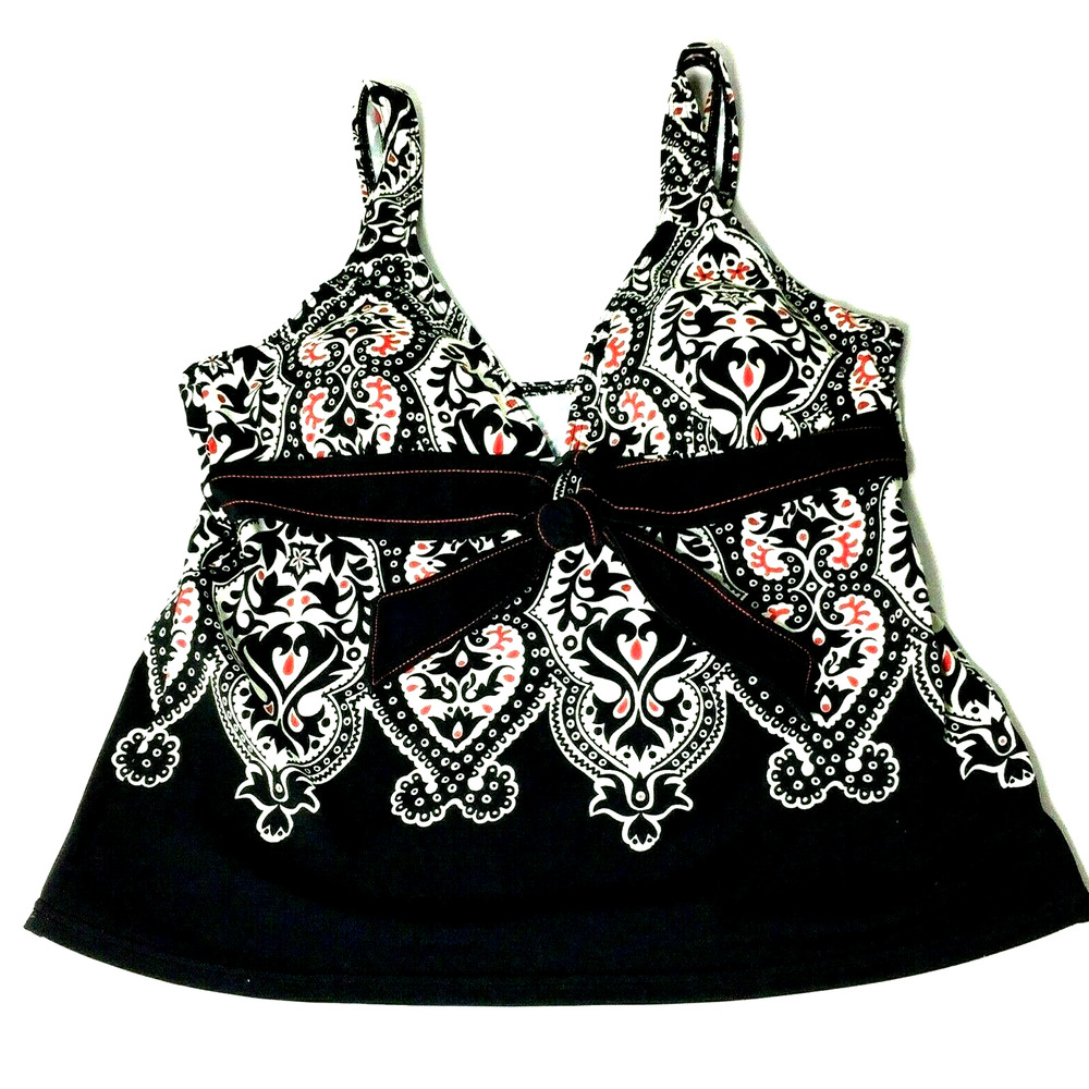 Christina Tankini Top Womens Size 10 Padded Bra Black Red Print Swim Top Modest